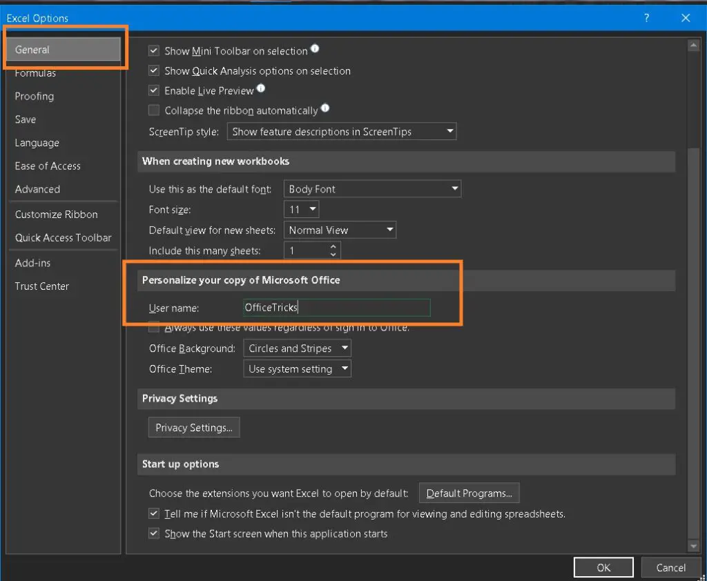 Excel VBA Get Username Settings in Menu