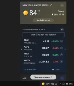 Windows 10 Weather Forecast Widget in Taskbar