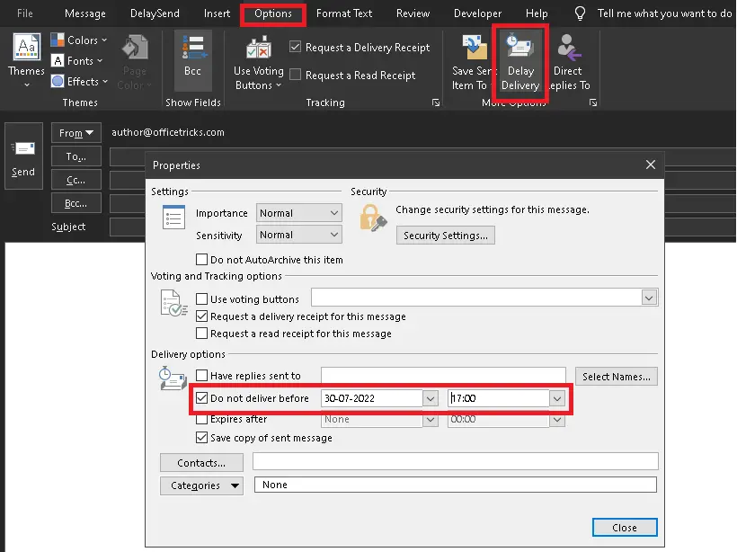 Outlook Send Email using Delay Delivery Option to Send at Specific Time